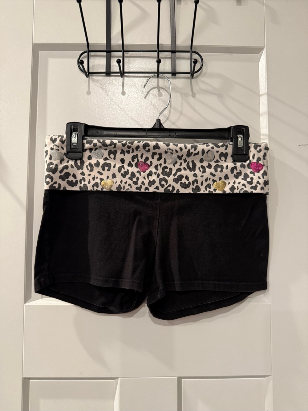 Women’s Black Fold-Over Waist Shorts with Leopard Print Waistband